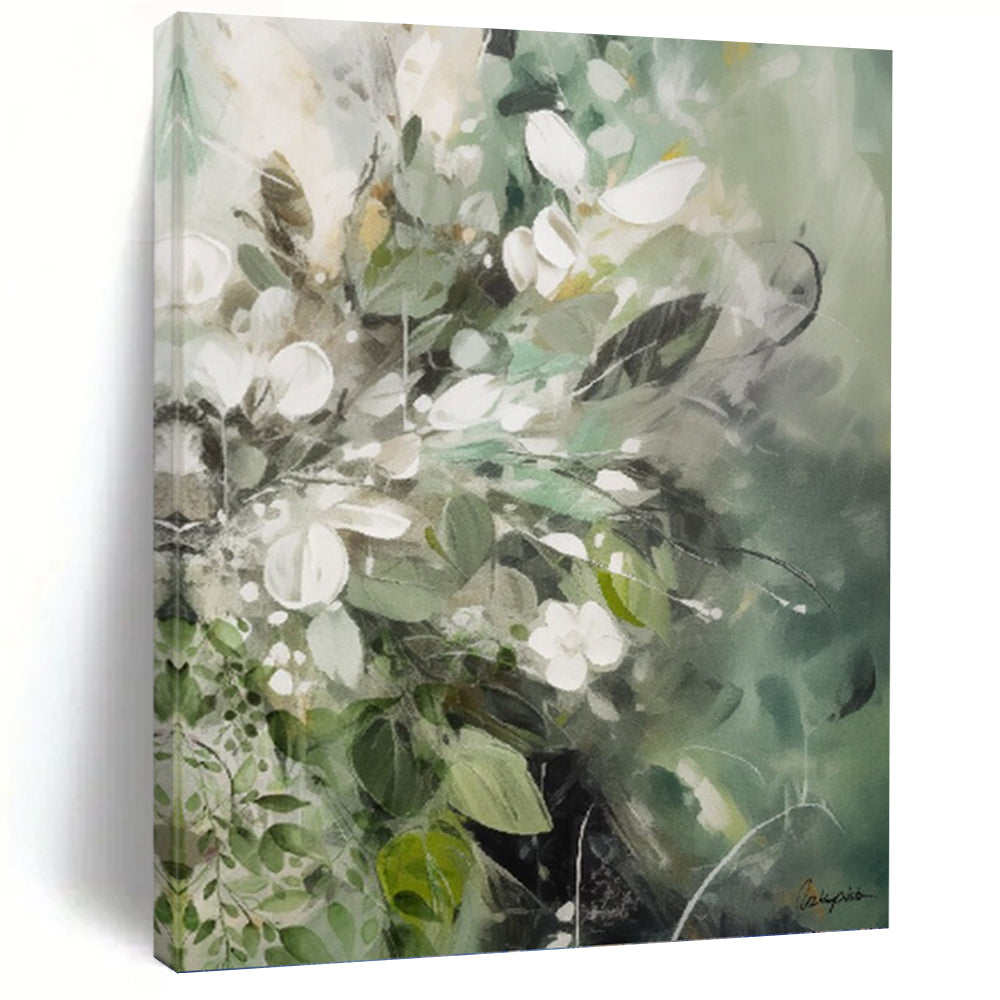 “Green - White Floral Dream” - Soft Green and White Blossom Art, Abstract Painting on Canvas DKH1086