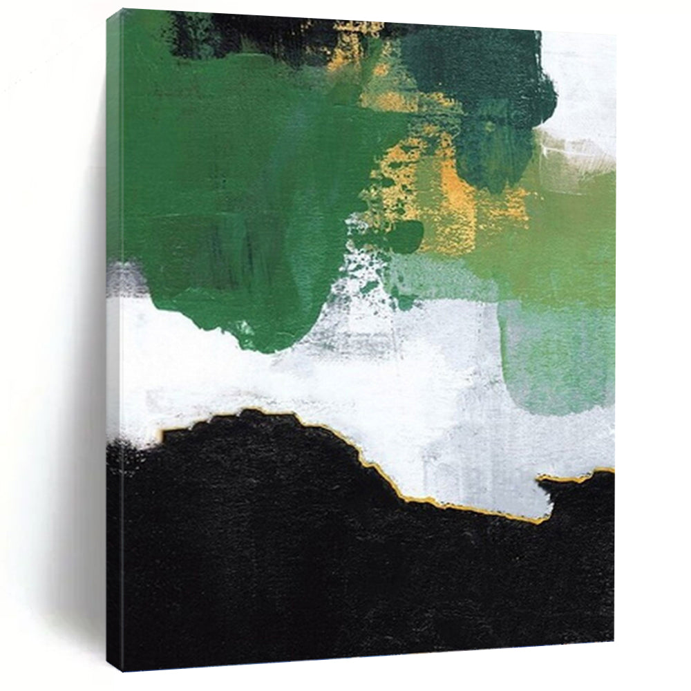 “Green, Gold, and Black Abstract” - Green, Gold, Black, White Abstract Art on Canvas DKH1222