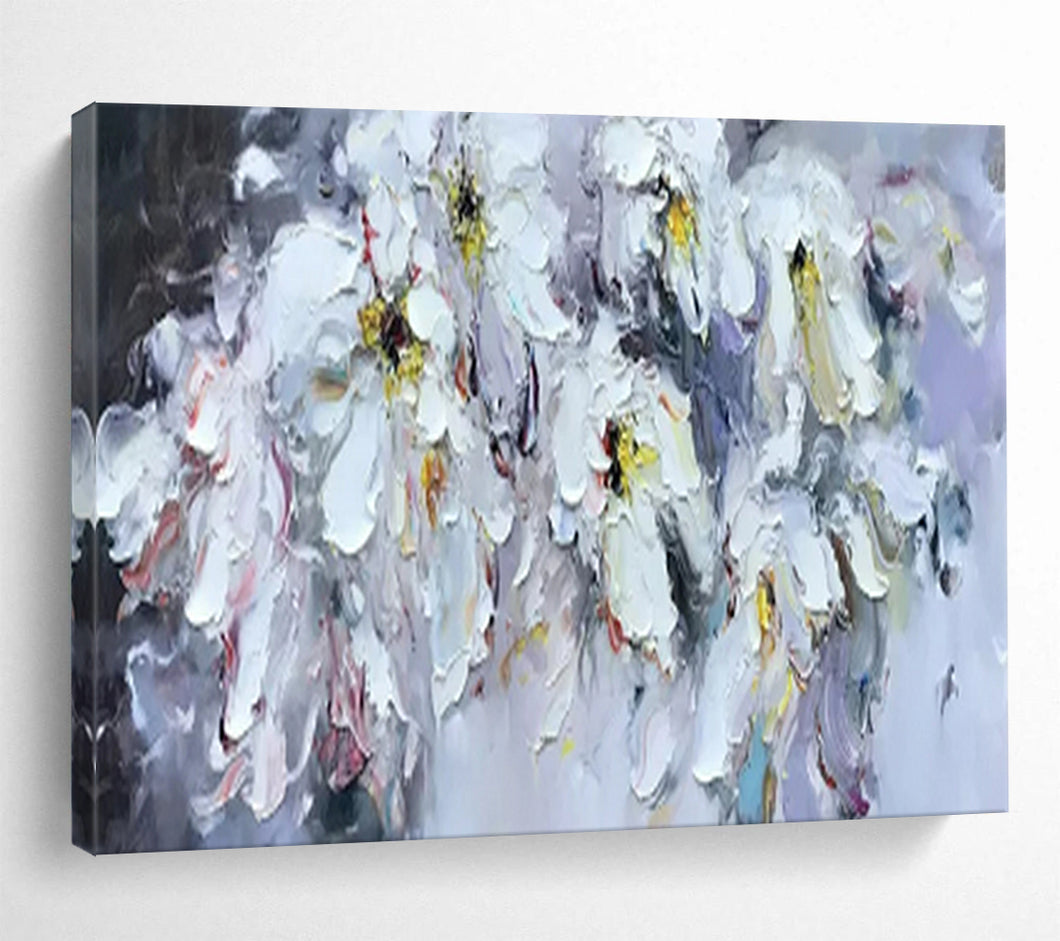 Hand - painted Large - dimension White Flowers with Colorful Accents Acrylic Art for Bright Living Rooms LargeART1763