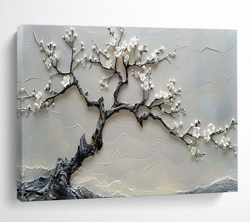 3D Textured White Blossom Tree Abstract Painting on Canvas - “Zen Tree” DKH695