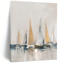 Load image into Gallery viewer, “Gilded Sailboats at Sea” - Grey, Gold, and Blue Nautical Art on Canvas DKH1416
