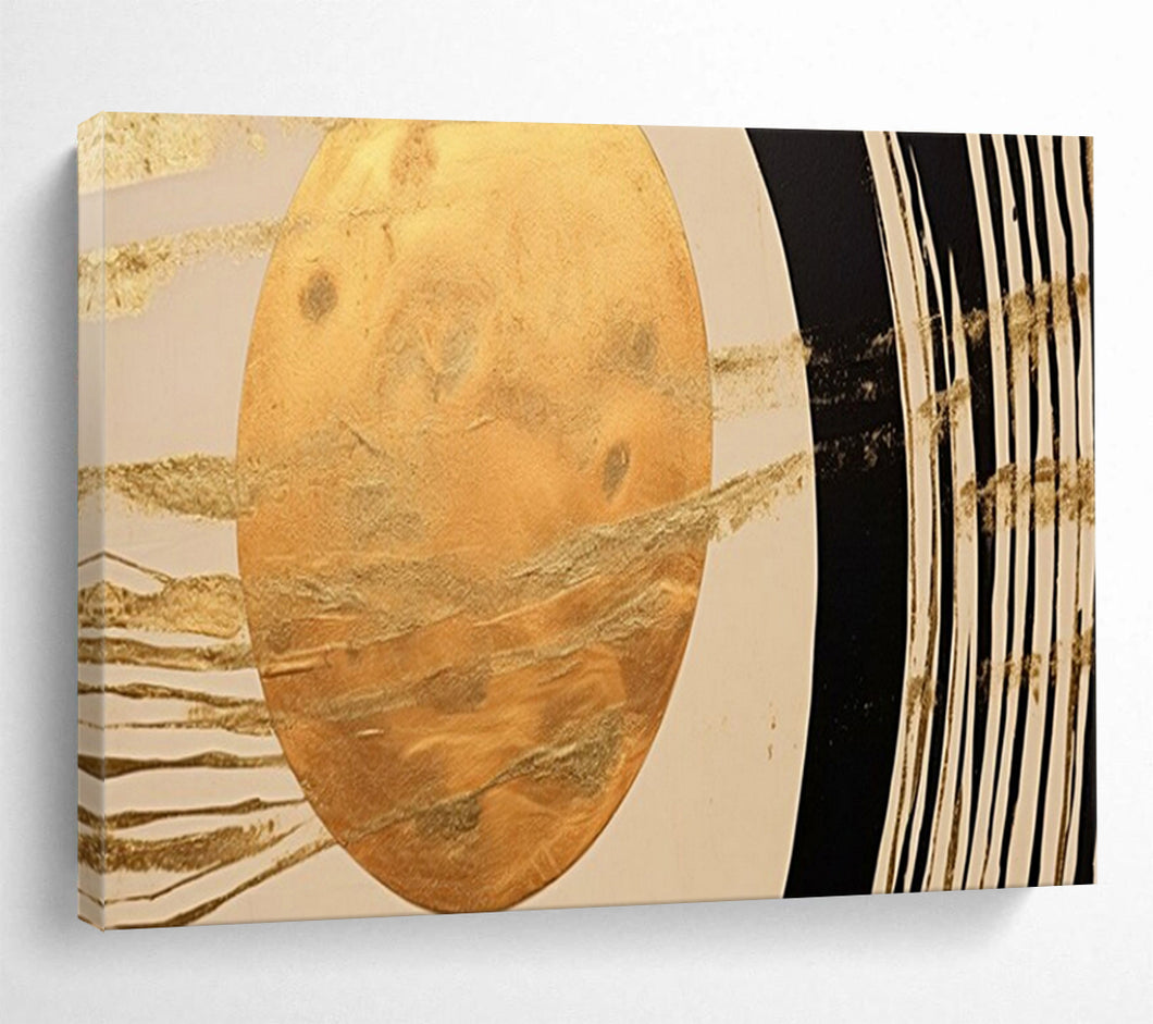 Hand - painted Gold Oval with Black and White Lines Acrylic Art for Art - Inspired Home Libraries LargeART1712