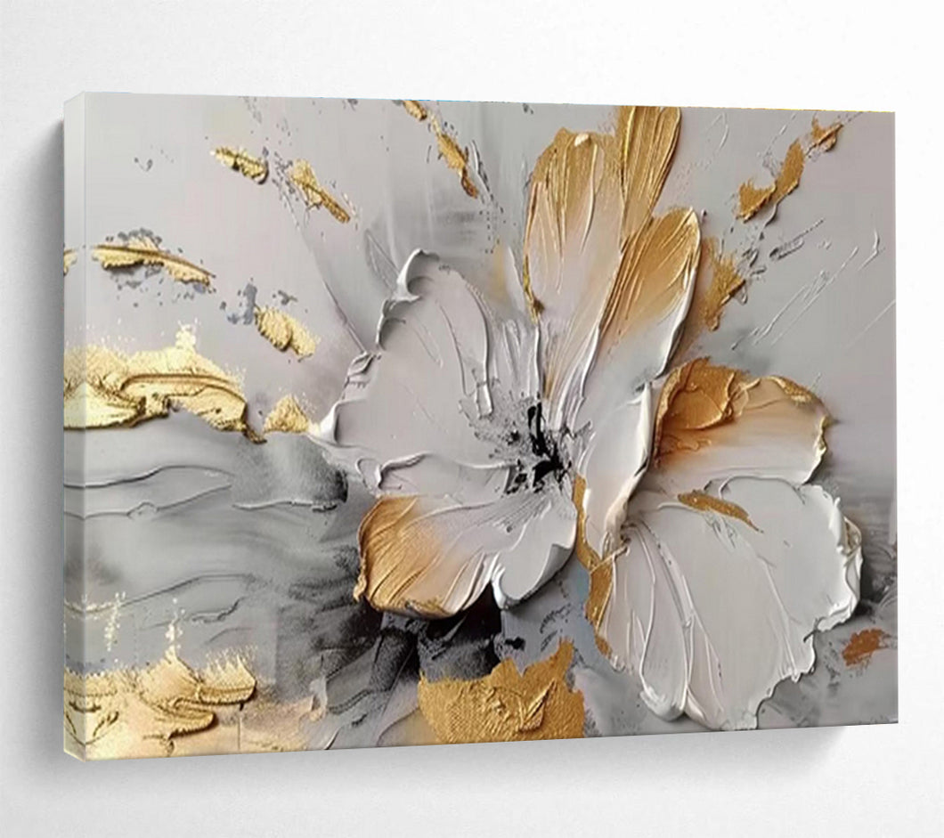 Gold and White Floral Textured Abstract Painting on Canvas - “Gilded Beauty” DKH677