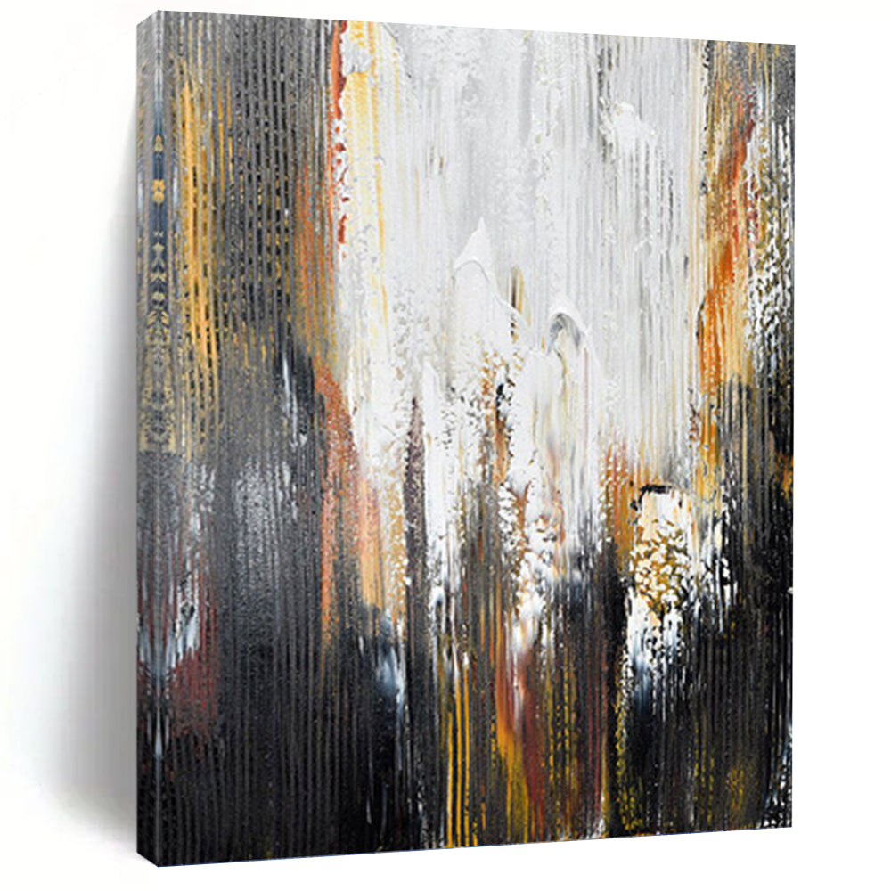 “Urban Chaos in Black, White, and Gold” - Black, White, Gold, Orange Abstract Art on Canvas DKH1229