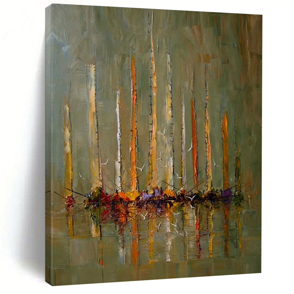 “Sailboats in Abstract Reflection” – Abstract sailboats with tall, colorful masts, reflected in water, muted green background. DTP330