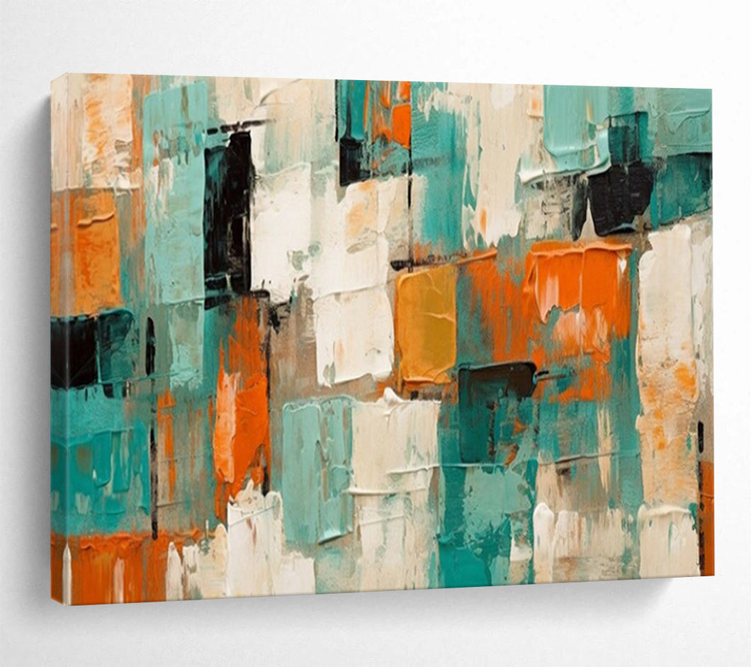 Hand - painted Teal, Orange, and White Textured Squares Acrylic Art for Artistic Studio Workspaces LargeART1721