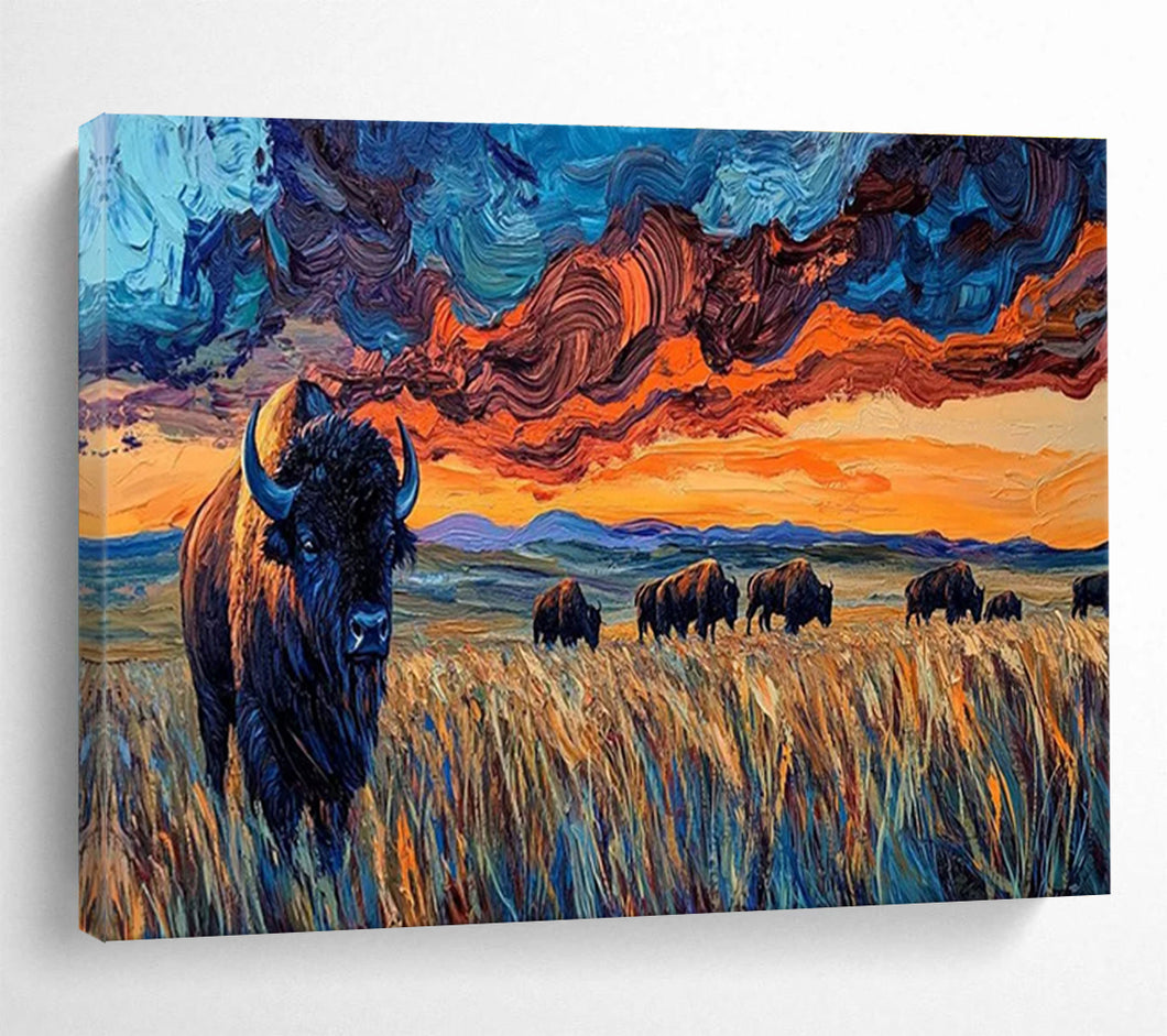 Vibrant Bison “Sunset Prairie” Painting on Canvas, Bold Wildlife Landscape DKH806
