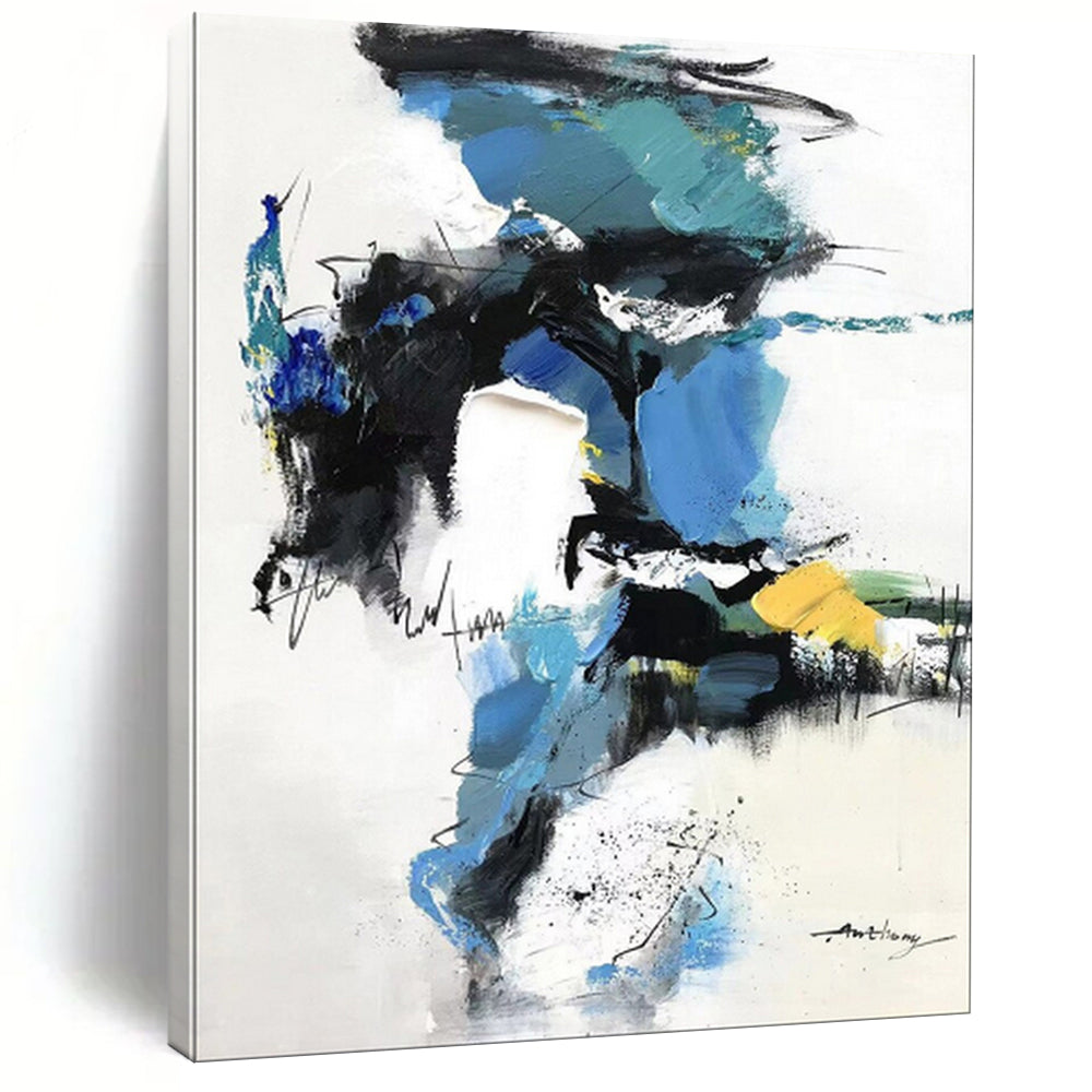 Blue & Black Dynamic Abstract Painting, Ideal for Modern Lounge & Artistic Office LargeART2085