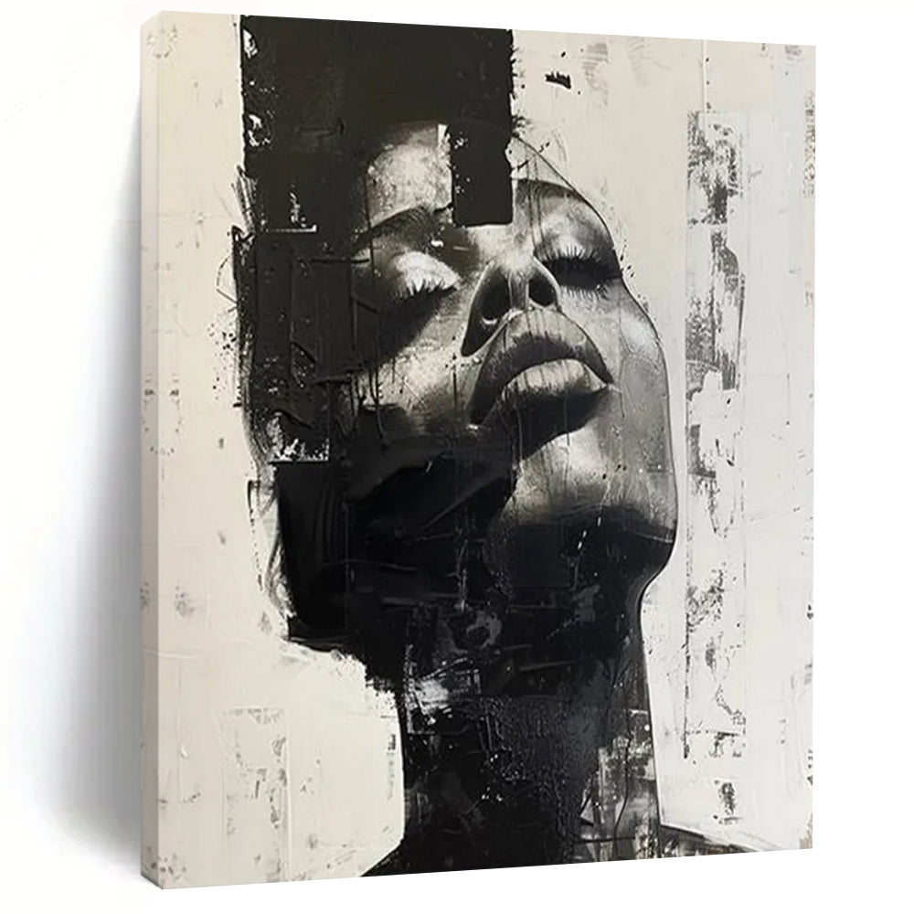 “Fragmented Face in Black and White” – Expressive Figurative Abstract with Textural Layers DTP139
