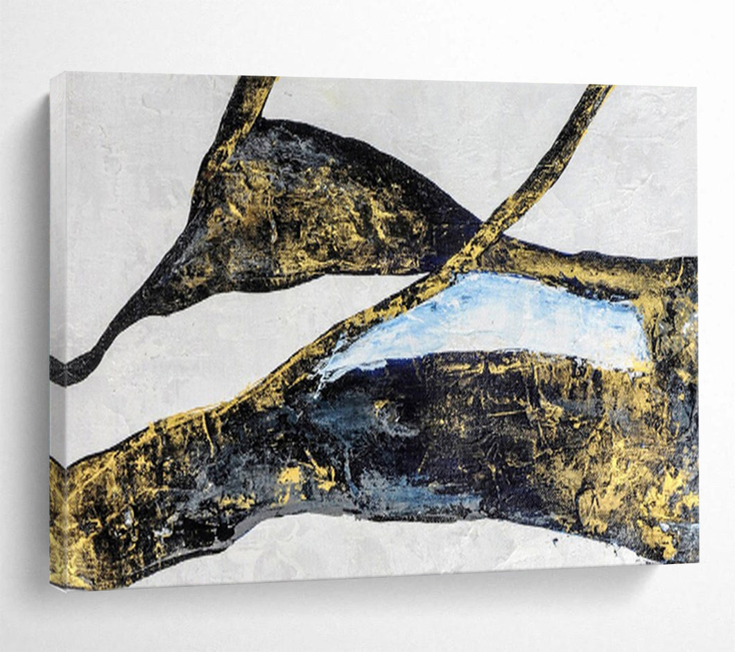 Black, Gold & Blue Abstract Painting - Ideal for Luxury Living Room & Modern Office DKH011