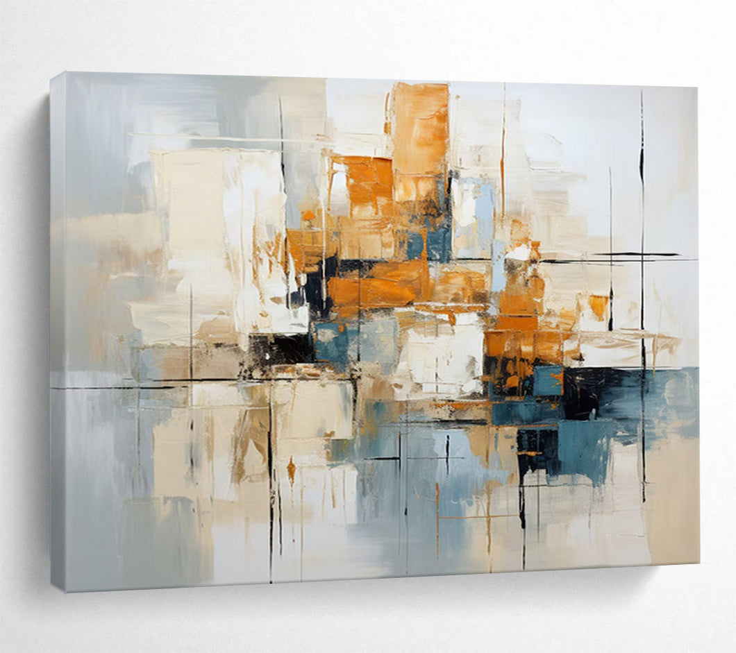 Modern Abstract Cityscape Grey, Orange & Layered Geometry on Canvas DLZ006