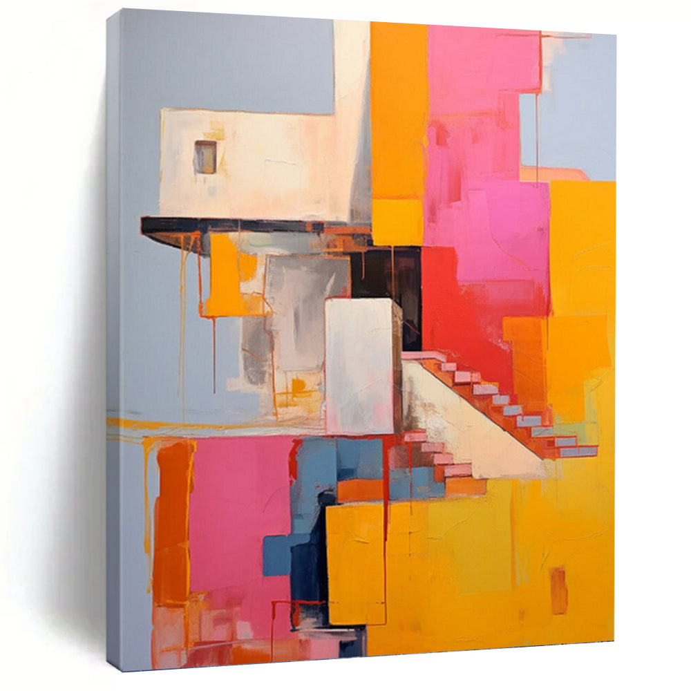 “Vibrant Architectural Abstract” - Pink, Yellow, Blue Abstract Art on Canvas DKH1323