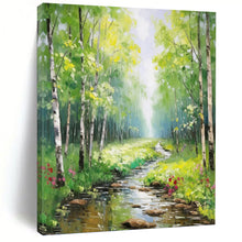 Load image into Gallery viewer, “Sunlit Forest Path with Stream” - Green, Yellow, Blue Landscape Art on Canvas DKH1266
