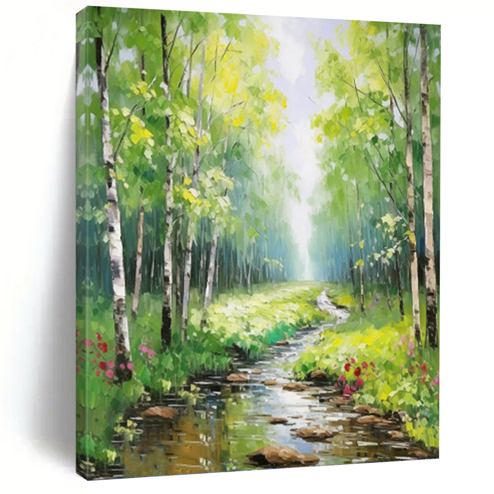 “Sunlit Forest Path with Stream” - Green, Yellow, Blue Landscape Art on Canvas DKH1266