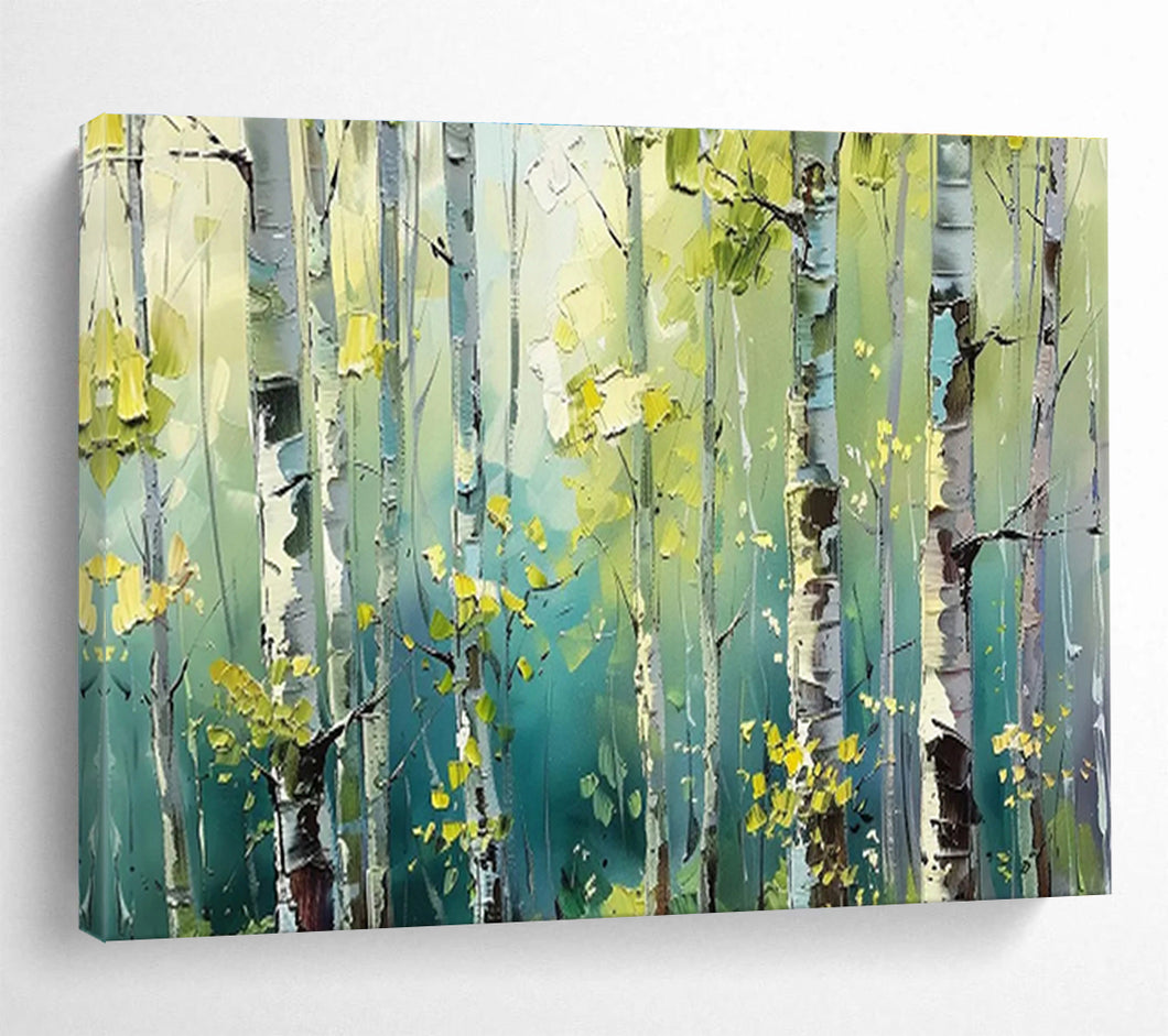 Sunlit Birch Forest Abstract Painting on Canvas - “Green Sanctuary” DKH670