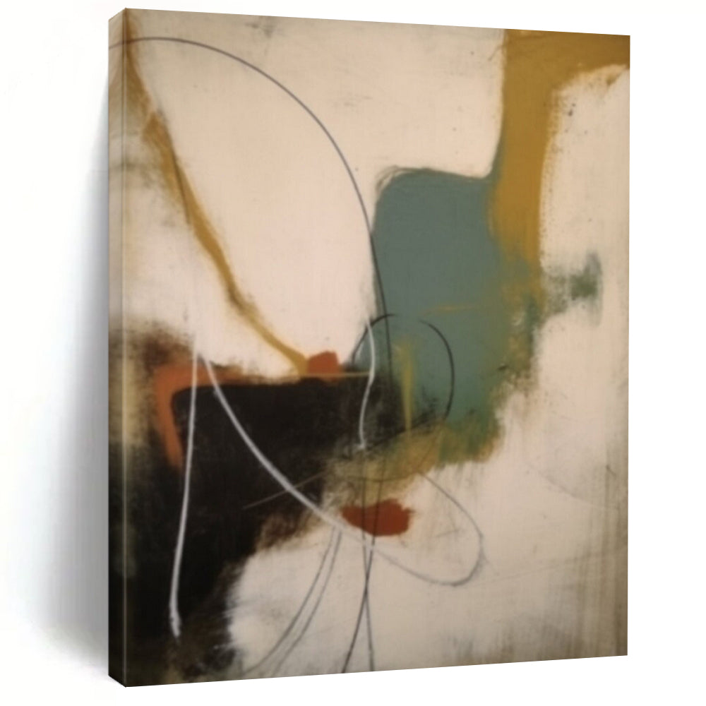 “Colorful Chaos” – Curved lines, blocks of teal, mustard, and rust on white DTP364