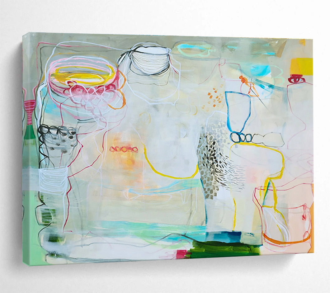 Line - Filled Abstract Painting with Soft Tones for Bohemian Living Room & Creative Studio DKH071