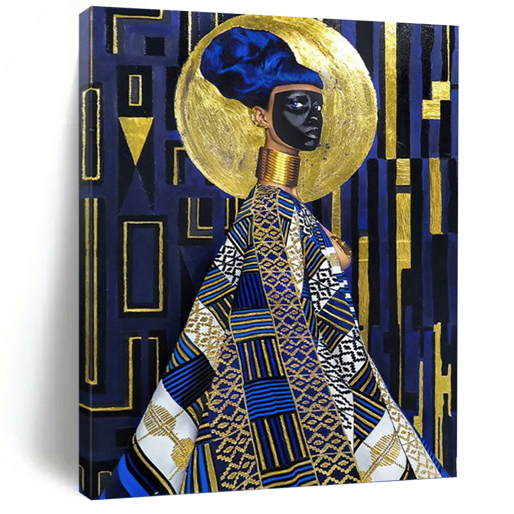 “Blue, Gold and Patterned Figure” - Afro - Centric Abstract Art on Canvas DKH1624