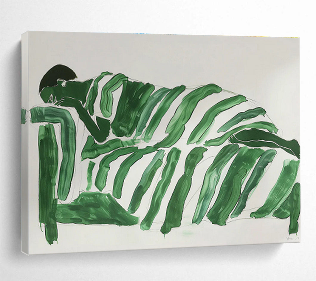 Playful Green Striped Figure Abstract Painting for Kids’ Playroom & Eclectic Den DKH227