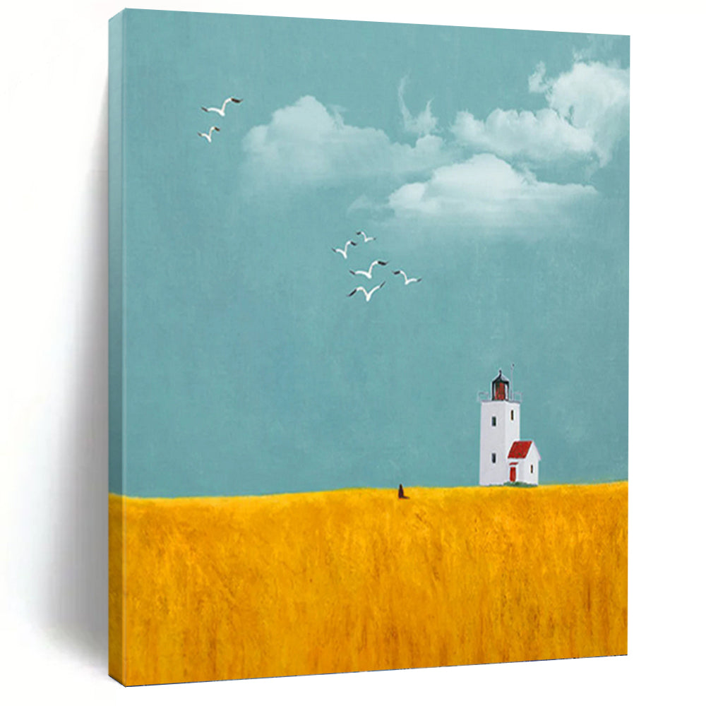 “Serene Lighthouse in Golden Field” - Calming Landscape Art on Canvas DKH1429