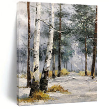 Load image into Gallery viewer, “Snowy Birch Forest Path” - Grey, White, Brown Landscape Art on Canvas DKH1283
