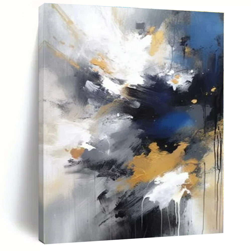 Blue, Gold, Gray & White Abstract Burst Canvas Painting, Perfect for Creative Studio & Energetic Home Gym LargeART1253