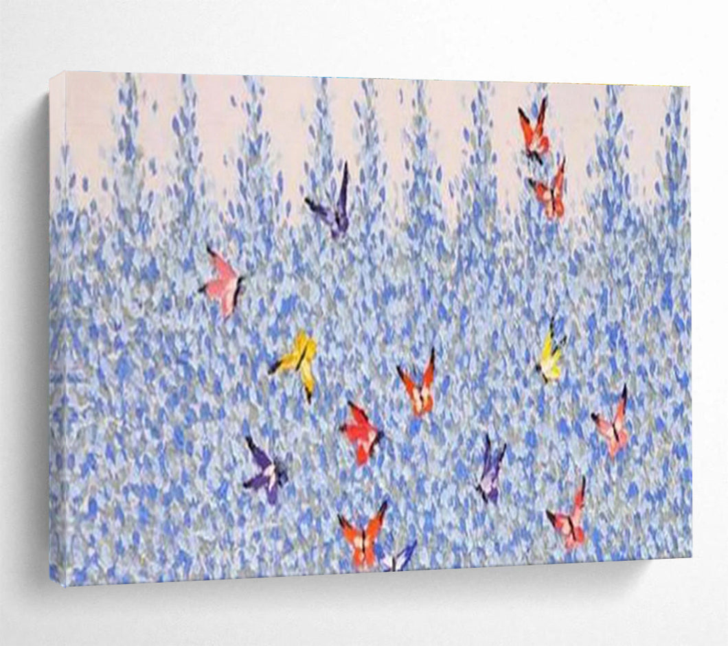 Blue Flowers with Butterflies Abstract Painting on Canvas - “Butterfly Bliss” DKH659