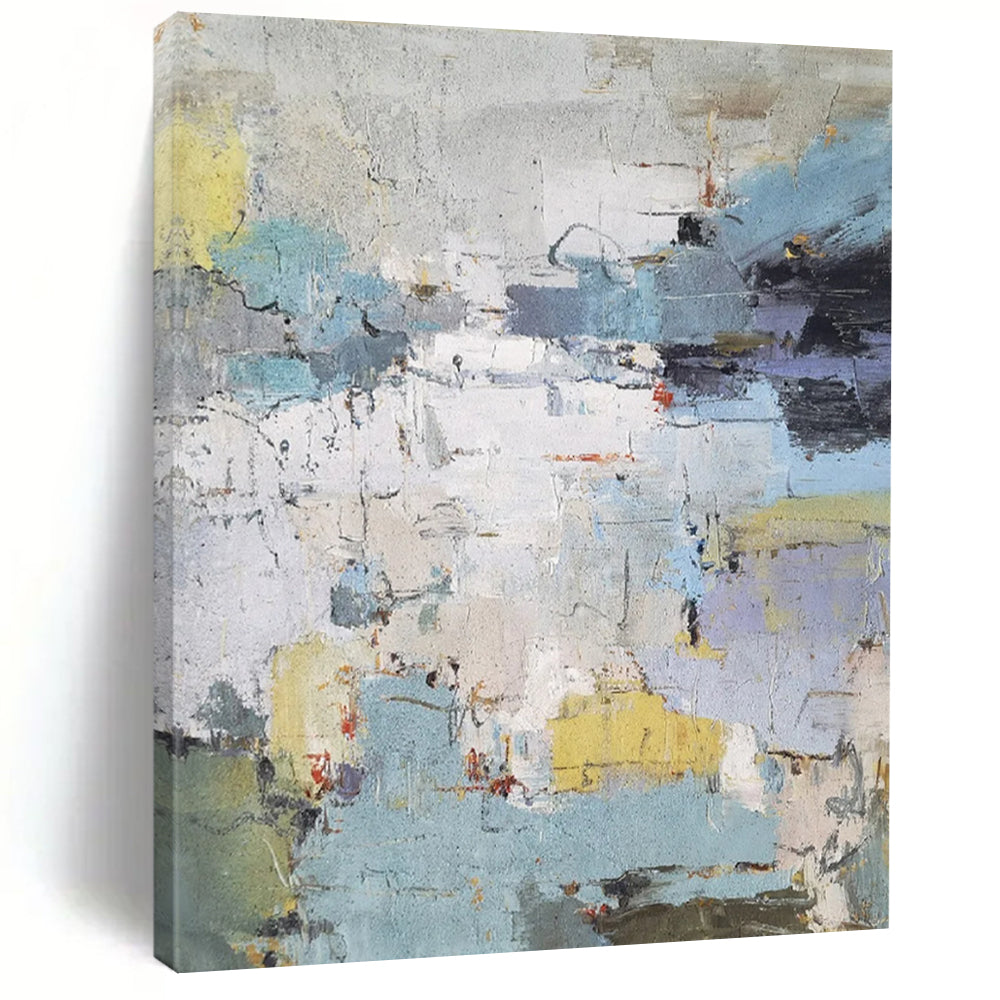 “Abstract Landscape Hues” ，Muted blues, grays, yellows, and hints of red, with a fragmented, abstract composition. DTP312