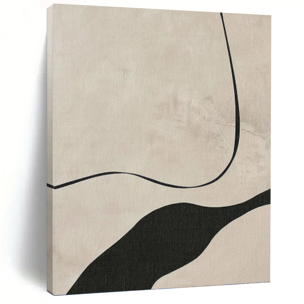 “Minimalist Curved Lines” - Beige, Black Abstract Line Art on Canvas DKH1148