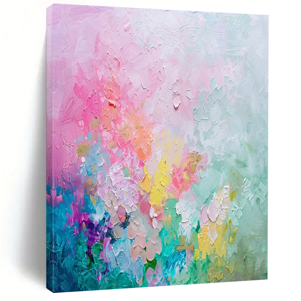 “Pastel Blossom” – Pink, Blue, Yellow & Purple Abstract Acrylic with Textured Flowers DTP070