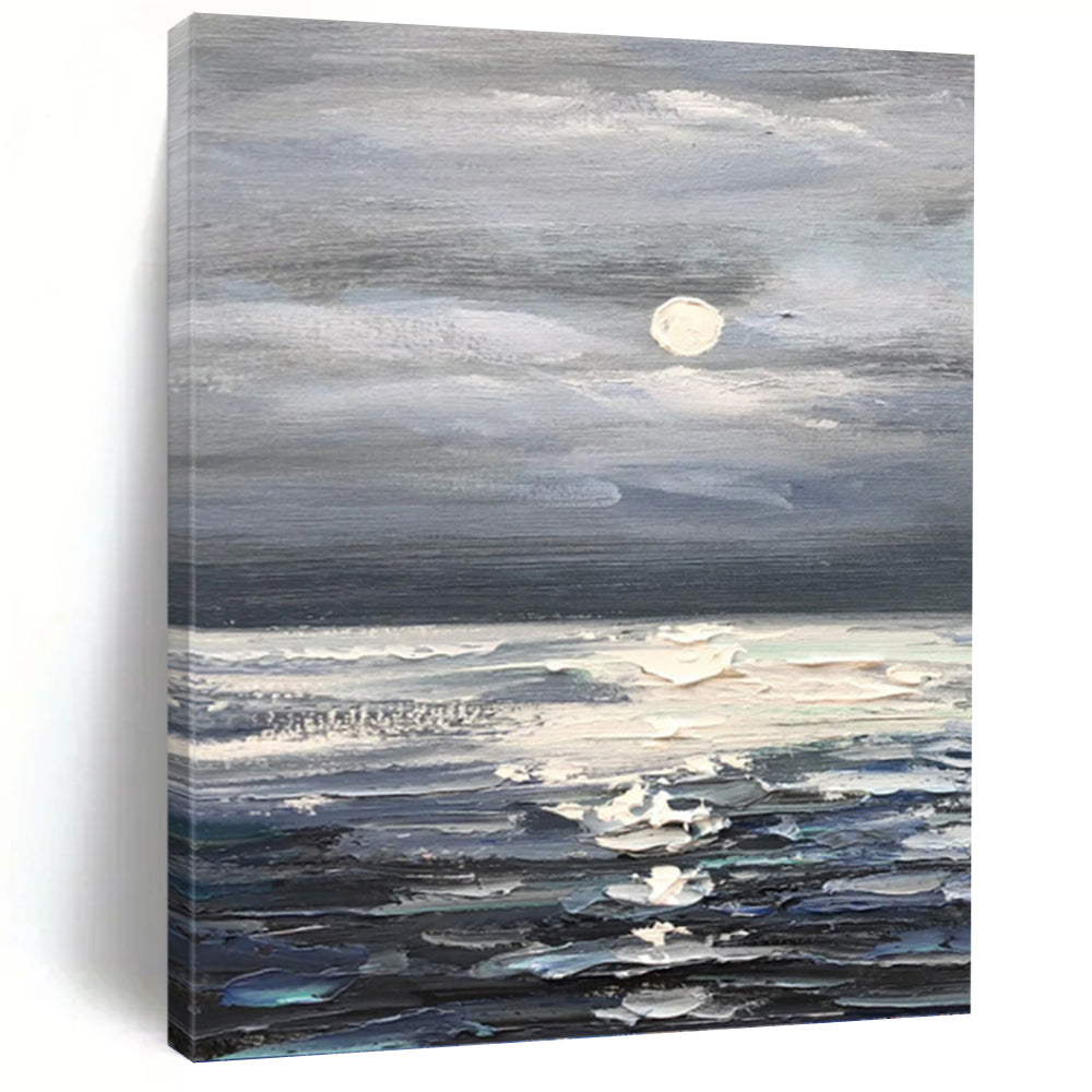 “Moonlit Sea Landscape” - Blue, Grey, White Landscape Art on Canvas DKH1293