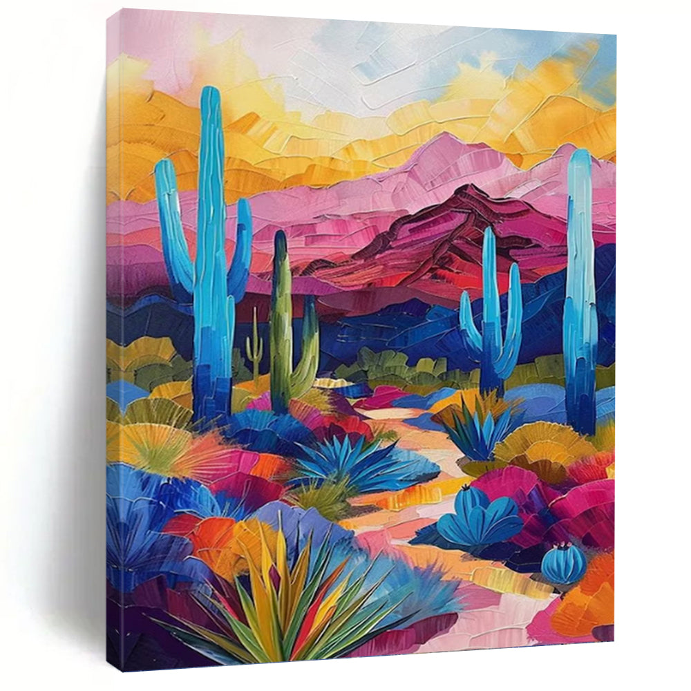 “Colorful Desert Landscape with Cacti” - Impressionistic Desert Art on Canvas DKH1556