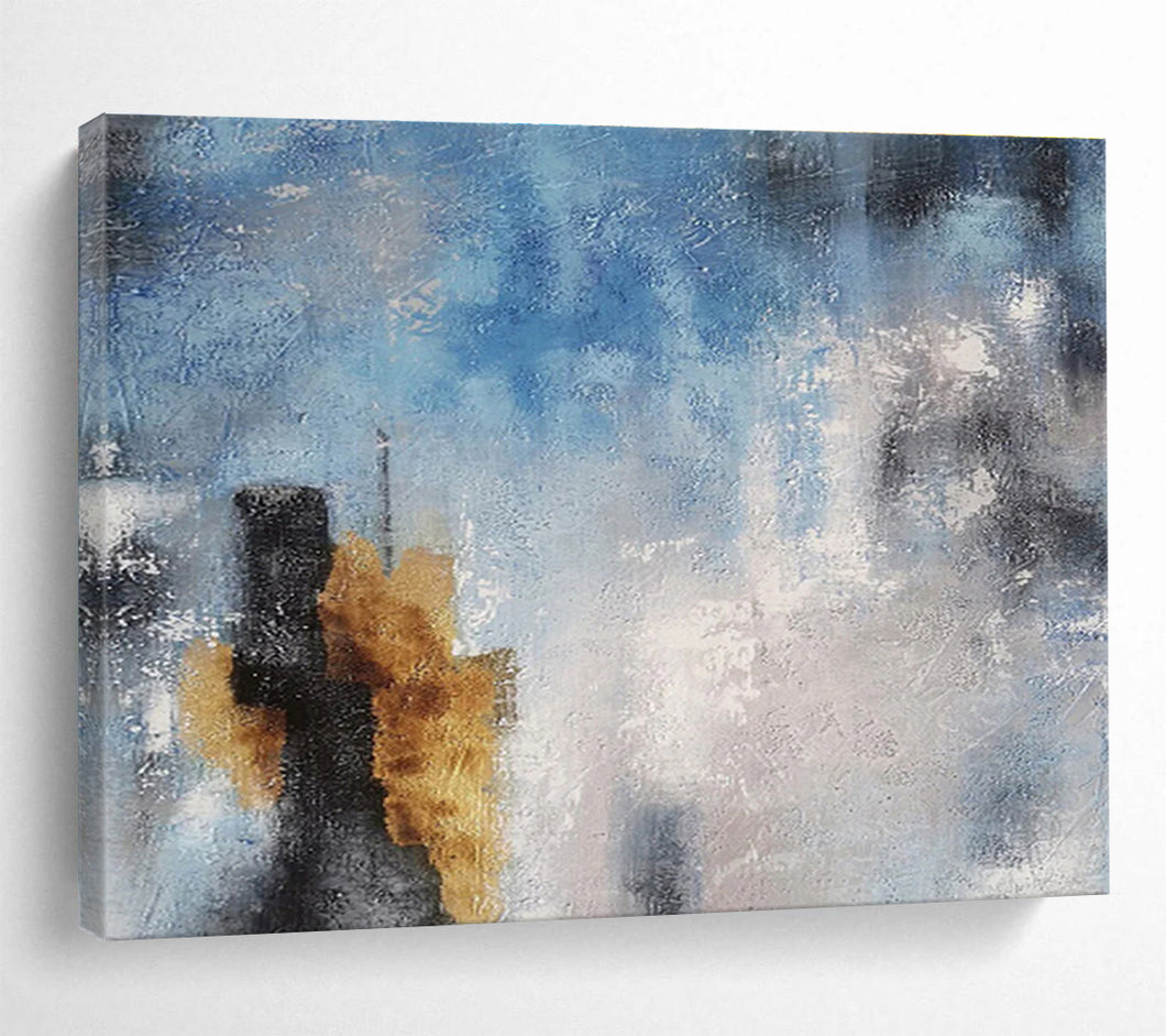 Blue and Gray Abstract Cityscape Painting on Canvas - “Urban Mist” DKH653