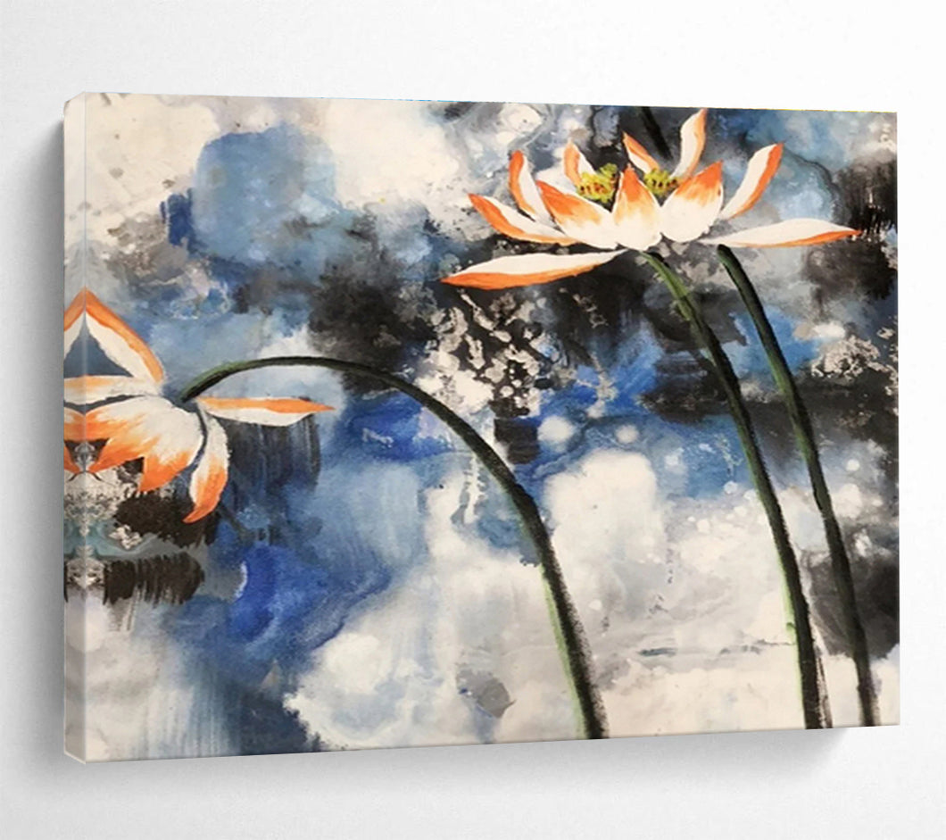 Ink - Style Lotus Flower Abstract Painting on Canvas - “Elegant Purity” DKH627