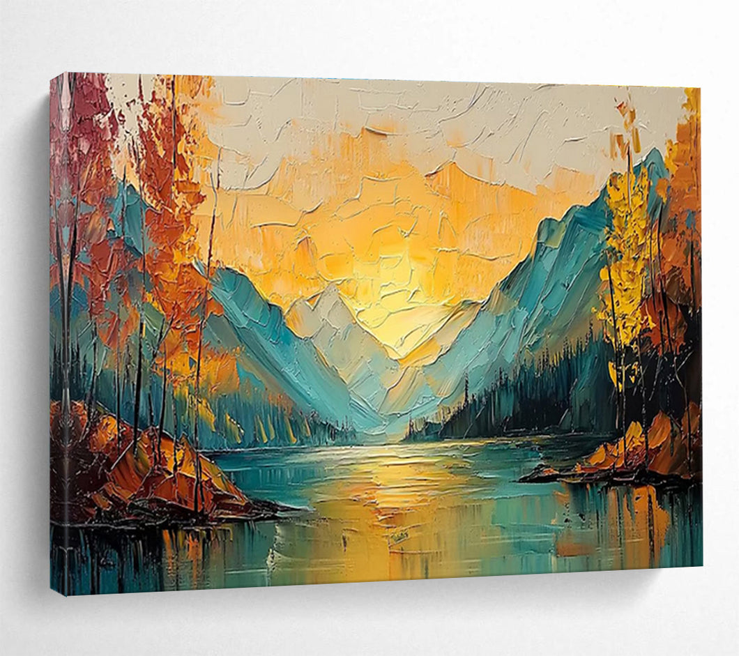 Mountain Sunset “Golden Valley” Painting on Canvas, Impasto Landscape Art DKH861