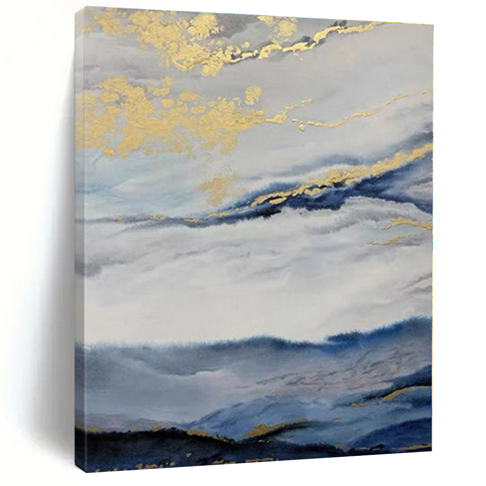 Blue and Gold Cloudy Landscape Acrylic Art - Ideal for Luxury Bedroom & Zen - inspired Living Room LargeART0584
