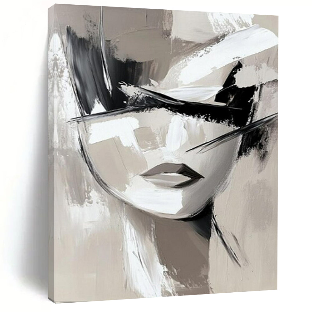 Monochrome Abstract Face Painting, Minimalist Gray - Toned Art for Modern Bedroom & Chic Office LargeART2193
