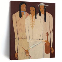Load image into Gallery viewer, “Three Figures in Neutral Attire” – Stylized Figurative Painting with Cultural Undertones DTP141
