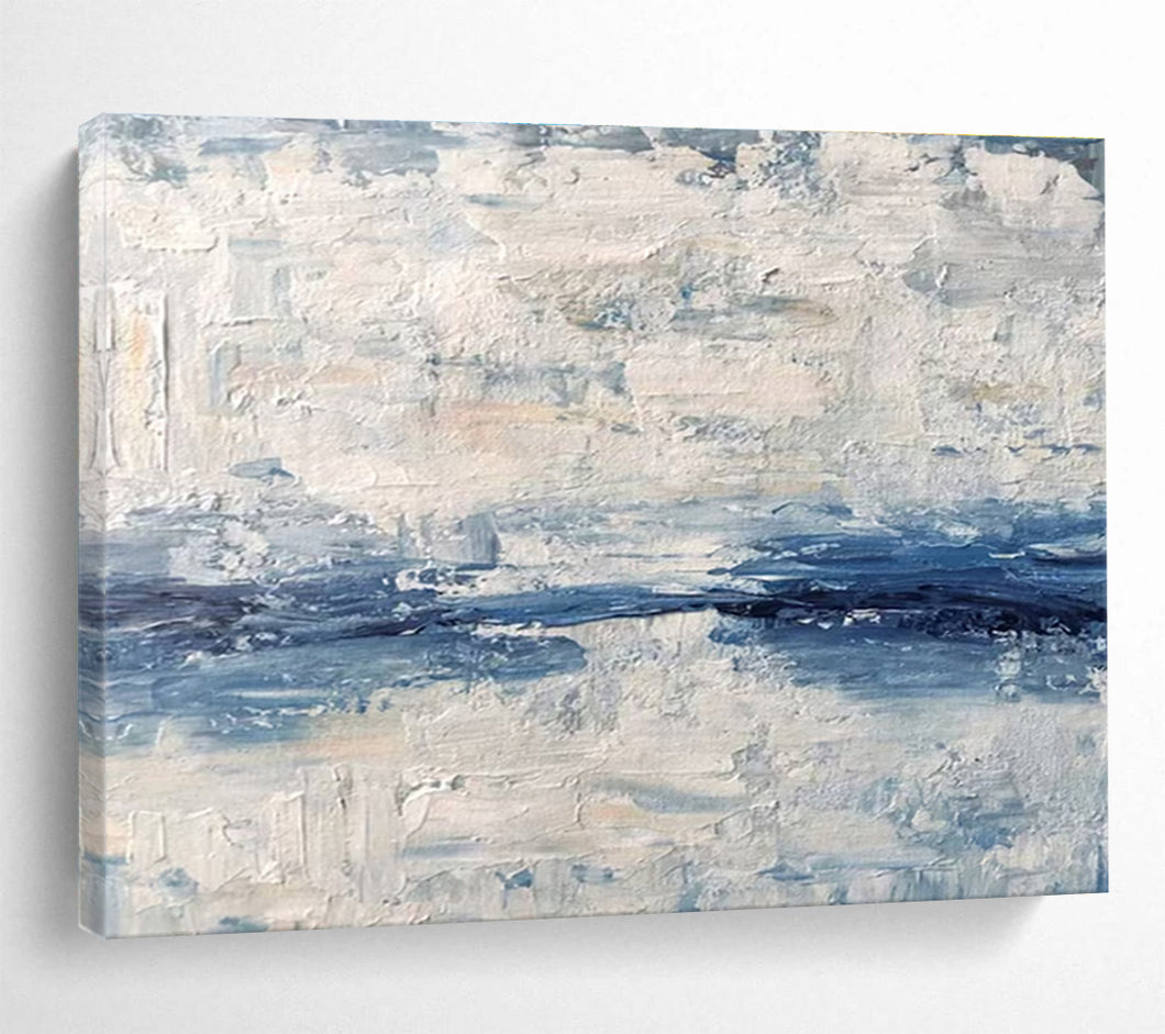Blue and White Textured Abstract “Seascape Impression” Painting on Canvas, Artistic Wall Decor DKH791