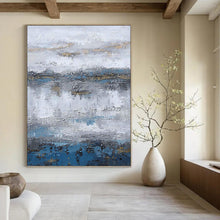 Load image into Gallery viewer, “Grey - Blue Horizons with Gold Accents” - Grey, Blue, Gold Abstract Art on Canvas DKH1226
