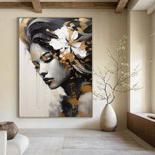 Load image into Gallery viewer, Portrait Abstract Painting, Black, White &amp; Gold, Feminine Art for Salon &amp; Bedroom LargeART2170
