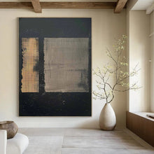 Load image into Gallery viewer, “Dual Textures” ，Black background with two textured rectangles, one grid - patterned gold, one smooth gray. DTP307
