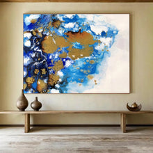 Load image into Gallery viewer, Fluid Blue - Gold Abstract Art for Contemporary Bathroom &amp; Chic Guest Room DKH167
