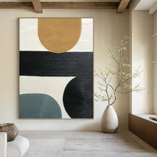 Load image into Gallery viewer, “Multicolor Ribbed Shapes Collage” - Black, Beige, Blue Abstract Art on Canvas DKH1177
