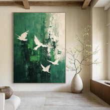 Load image into Gallery viewer, “Green and White Bird Abstract” - Green, White Abstract Art on Canvas DKH1311
