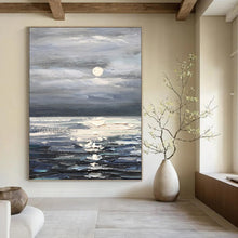 Load image into Gallery viewer, “Moonlit Sea Landscape” - Blue, Grey, White Landscape Art on Canvas DKH1293
