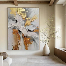 Load image into Gallery viewer, “Gilded Floral Impasto” - Gold, Grey, and White Flower Art on Canvas DKH1386

