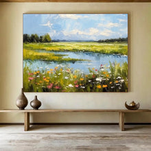 Load image into Gallery viewer, Vivid Landscape Abstract Painting with Blue Sky, Green Fields and Flowers for Countryside - Style Living Room &amp; Relaxing Garden Café DKH271
