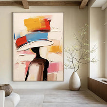 Load image into Gallery viewer, “Color - Blocked Hat Figure” – Abstract figure with a hat of bold color blocks (yellow, red, blue, white). DTP324

