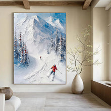 Load image into Gallery viewer, “Textured Mountain Skiers” ，Thick white impasto for mountains, with detailed skiers and snow - covered trees in blue and white. DTP313
